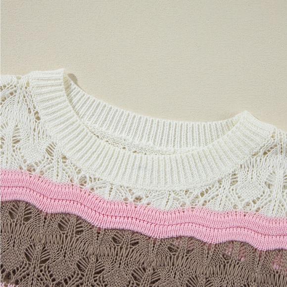 Brown Stripe Color Block Hollow Out Crochet Half Sleeve Sweater Bohemian Blouse - Picture 7 of 11